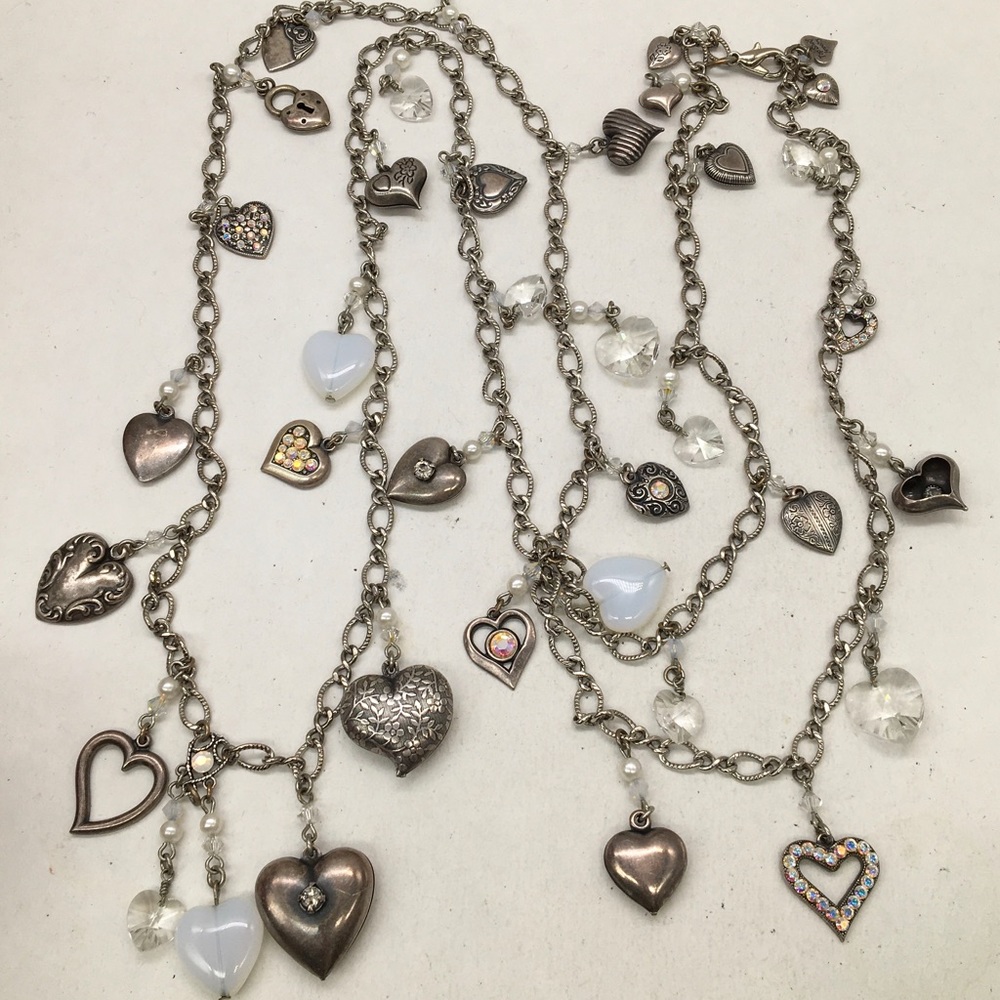 Top Shelf Jewelry Loaded Heart Charms Necklace Vintage Silver Tone